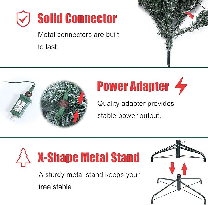 LuxenHome 7FT Flocked Christmas Tree, Slim Spruce Artificial Prelit Christmas Trees with Lights, Snow Flocked Xmas Tree with 365 LED Lights, Artificial Lighted Christmas Tree with Metal Stand