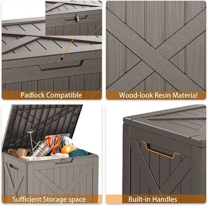 32 GallonOutdoor Storage Box,Resin Deck Boxes Waterproof, IndoorOutdoor Bin for Package Delivery, Patio Cushions, Gardening Tools, Lockable, UV Resistant