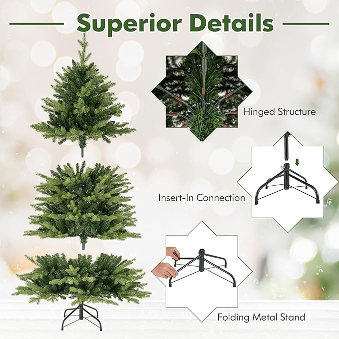 Happygrill 5 FT Pre-Lit Artificial Christmas Tree, Hinged Xmas Tree w/ 844 Branch Tips, 250 LED Lights, 11 Lighting Modes, 3 Auto Timers, 4-Level Brightness & Remote Control, Decoration Tree for Party