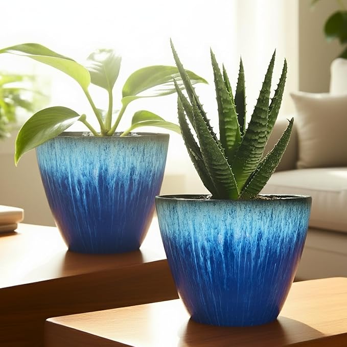 8 inch Plant Pots with Drainage Holes, Pack of 4 Plastic Flower Pots Indoor, Modern Glossy Finishing Planter for Indoor Outdoor Plants (Blue Glaze, 4 Pack)