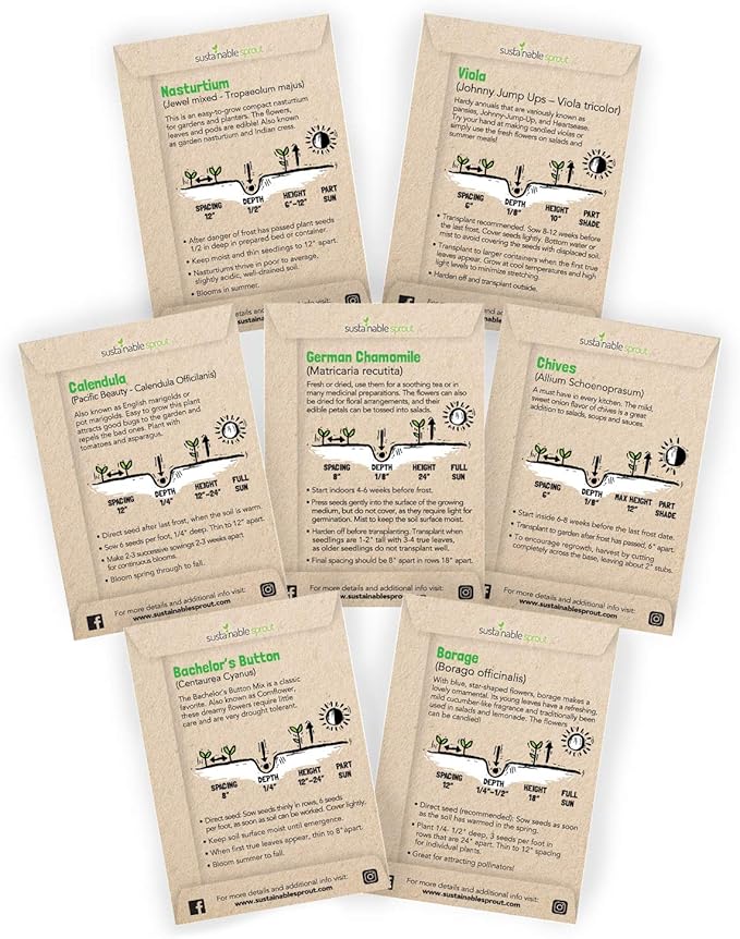 Edible Flower Seeds for Planting: 7 Variety Packets: Viola, Calendula, Chamomile, Chives, Bachelor Button, Borage & Nasturtium, Annual & Perennial Edible Flower Seeds Garden Kit by Sustainable Sprout