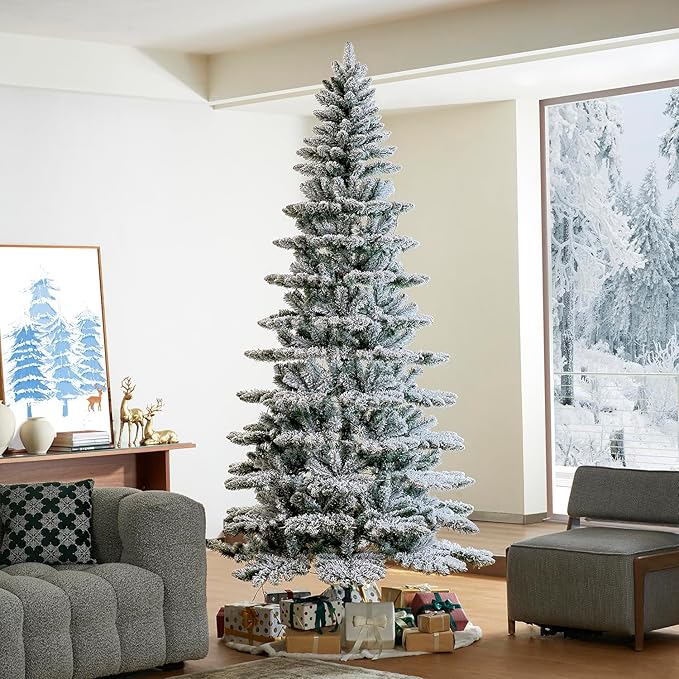 Glitzhome 9ft Pre-Lit Flocked Slim Artificial Christmas Tree Frostwood Spruce with 460 Warm White Lights and Sturdy Metal Stand for Home, Office, Party Decoration