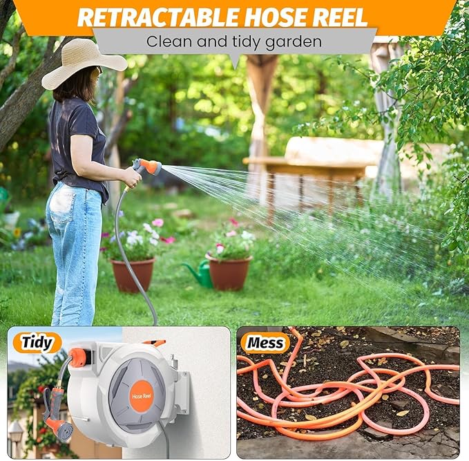 Retractable Garden Hose Reel 5/8 in x 65 Ft, EliteEdge Wall Mounted Garden Hose Reel, with 9 Function Sprayer Nozzle, Any Length Lock, Lock/Automatic Slow Return System, 180° Swivel Bracket