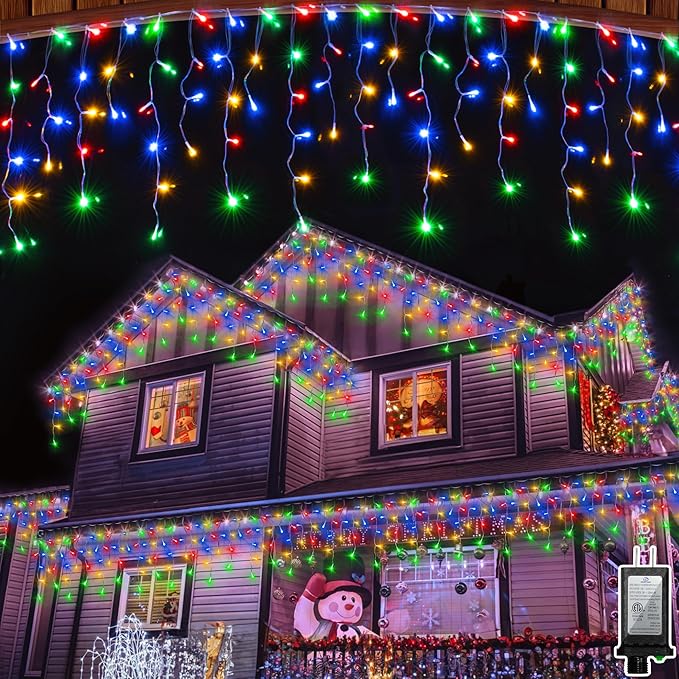 1296LED Christmas Lights with 288 Drops, 131ft Christmas String Lights with 8 Modes, Waterproof Outdoor Decorations Fairy Lights with Timer Memory for Xmas Party Patio Window Fence Multicolor