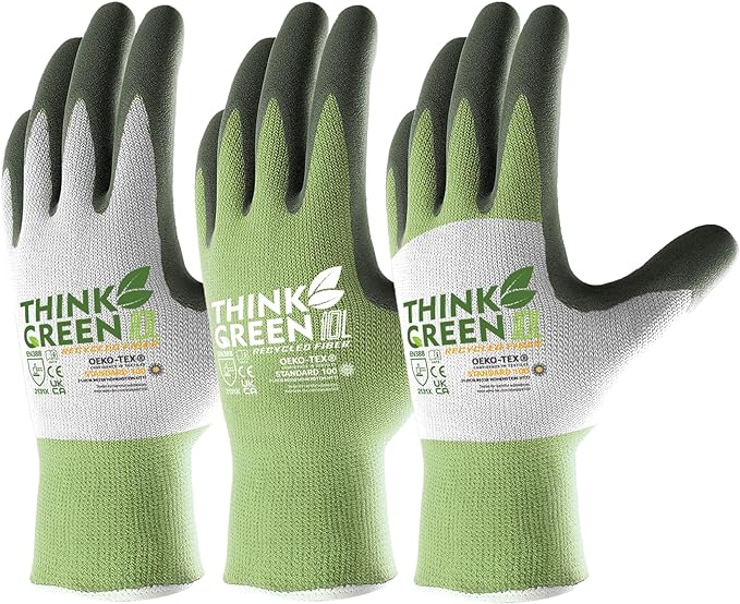 COOLJOB 3 Pairs Gardening Gloves for Women Men, 100% Recycled Polyester with Rubber Coated for Garden Patio Yard Lawn Work, Green, White & Grey, Large Size