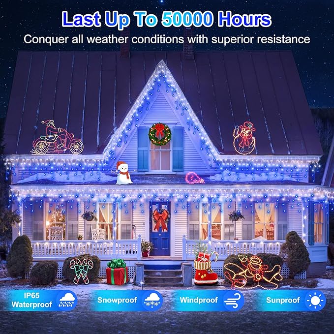 810LED 82FT Christmas Lights, 180Drops 12 Modes Christmas String Lights Outdoor Brightness, Waterproof Christmas Decoration Fairy Lights with Timer Memory for Party Patio Window Fence Blue & CoolWhite