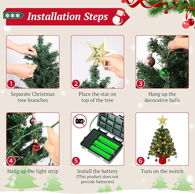 Uten Mini Christmas Tree Small Christmas Balls 28Pcs, Treetop Star 50 LED Waterproof Battery Box with Red Cement Base Christmas Decorations for Home, Office, Party