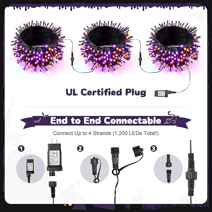 WBao Halloween Lights Orange Purple 300LED 108ft Super Bright String Lights, UL Certified, 8 Lighting Modes, Timer, Connectable, Memory & Waterproof for Indoor Outdoor Halloween Decorations