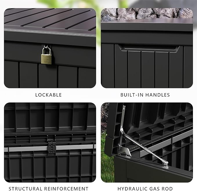 DRATO 230 Gallon Deck Box, Outdoor Large Waterproof Resin Storage Box with Lockable Lid for Patio Cushions, Gardening Tools, Black