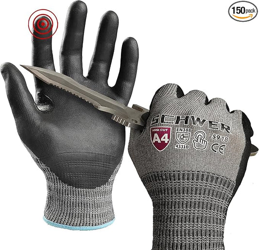 Schwer A4 AIR-SKIN Cut Resistant Work Gloves AR5918 with Extreme Lightweight & Thin, Grip Gloves for Fishing, Refined Work, Mechanic, Gardening, Touch-Screen, Non-PFAS, 3D-Comfort Fit, 150 Pair (L)