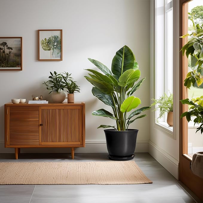 Ceramic Pots for Plants - 10 Inch Plant Pot with Drainage Hole and Tray, Large Round Planter for Indoor Outdoor, Morden Decorative Flower Pots, Living Room Decor, Gardening Gifts, Black