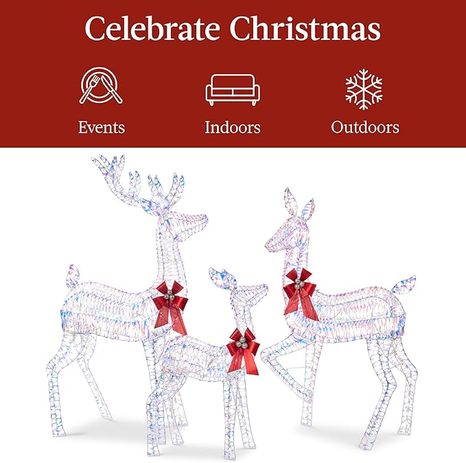 Best Choice Products 3-Piece Large Lighted Christmas Deer Family Set 5Ft Outdoor Yard Decoration with 360 LED Lights, Stakes, Zip Ties - Iridescent