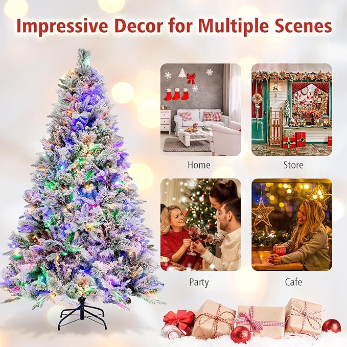 HAPPYGRILL 6 FT Pre-lit Artificial Christmas Tree, Snow-Flocked Xmas Tree with 240 Multi-Color LED Lights, 8 Lighting Modes, 850 Branch Tips, Pine Needles, Hinged Tree for Home Office Party