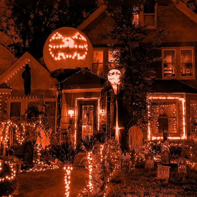 HISHINY Halloween Lights Outdoor,100LED 5ftx5ft Orange Net Lights with Connectable, Waterproof,UL Certified and Durable Green Wire Design for Bushes,Shrubs,Halloween Decorations Outdoor