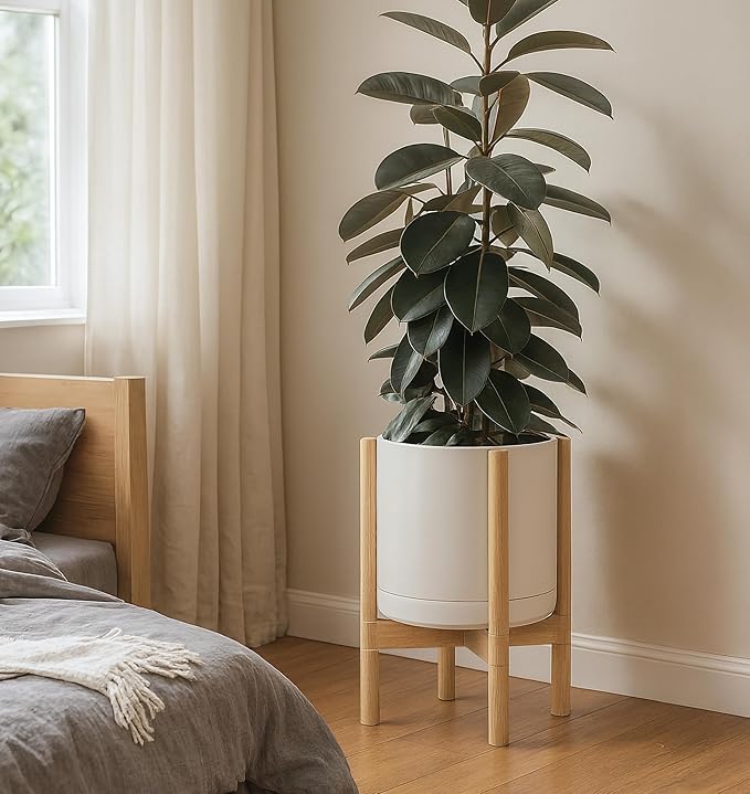 D'vine Dev Ceramic Planter with Natural Stand - 12 Inch Modern Round Flower Pot with Wood Planter Holder, Oatmeal, 55-B-J-8