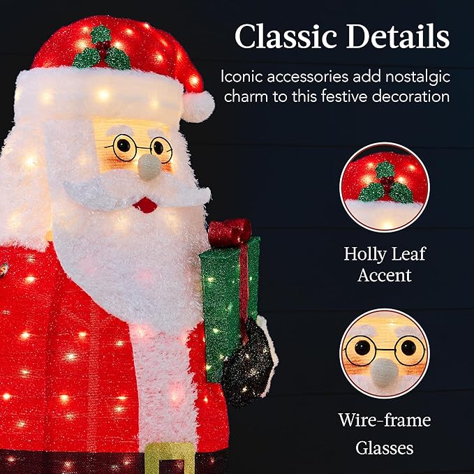 Best Choice Products 3ft Lighted Pop-Up Santa, Outdoor Christmas Holiday Decoration w/ 120 LED Lights, Twinkling Candy Cane, Gift Box, Hat