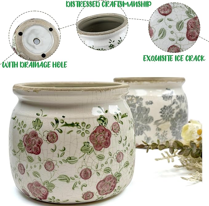 Ceramic Pot for Planter, Vintage Red Plum Flower Pot with Drainage Holes, 6.29 inch Ice Crack Glazed Indoor Planters Pot