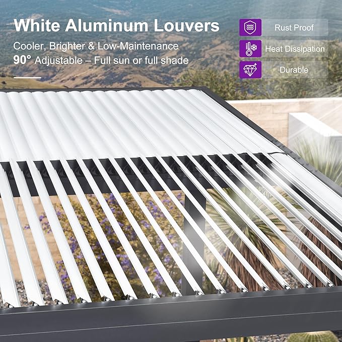 PURPLE LEAF Louvered Pergola 11' x 15' Outdoor Aluminum Pergola with Hidden Drainage System and White Adjustable Sun Shade Roof Patio Hardtop Large Pergolas for Patio Dining Poolside Side Yard