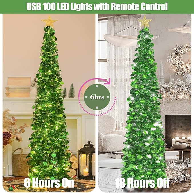 HMASYO 6 FT Pop Up Christmas Tree with 100 LED Lights & Remote, Green Christmas Tinsel Tree, Collapsible Artificial Pencil Tree for Home Office Party Decor, USB Powered Timer Lights, Easy Assembly