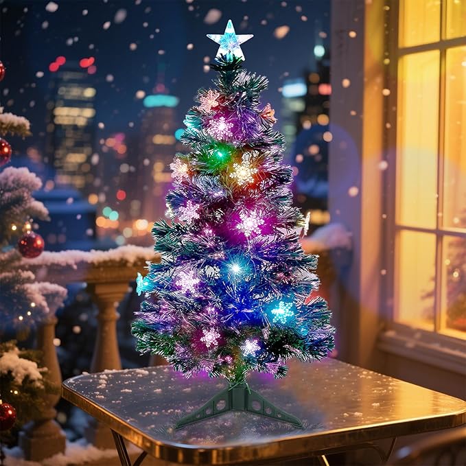 Juegoal 3 ft Pre-Lit Green Artificial Christmas Tree, Lighted Optical Fiber Table Mini Xmas Trees with Color Changing Lights, Snowflakes & Top Star, Fake Multicolored Tree for Festive Party Holiday