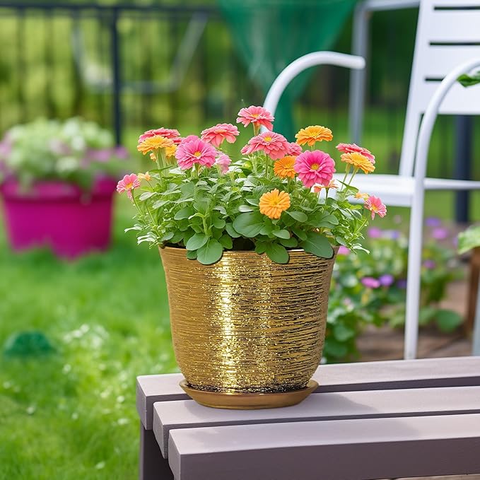 Ceramic Plant Pots - 8 Inch Plant Pot with Drainage Hole and Saucer, Round Planter for Indoor Outdoor, Modern Flower Pot, Decorative Planter, Garden Home Office Decor, Gardening Gifts, Gold