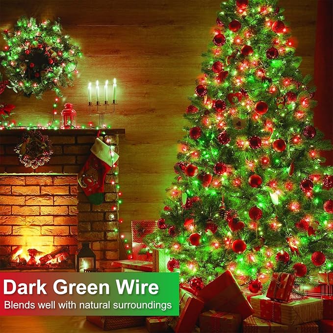 Christmas Lights, 66FT 200 LED Christmas Tree Lights with 8 Modes Waterproof, Plug in Extendable Green Wire Xmas Decorations Light for Indoor House Yard Party Holiday Decor, Red Green