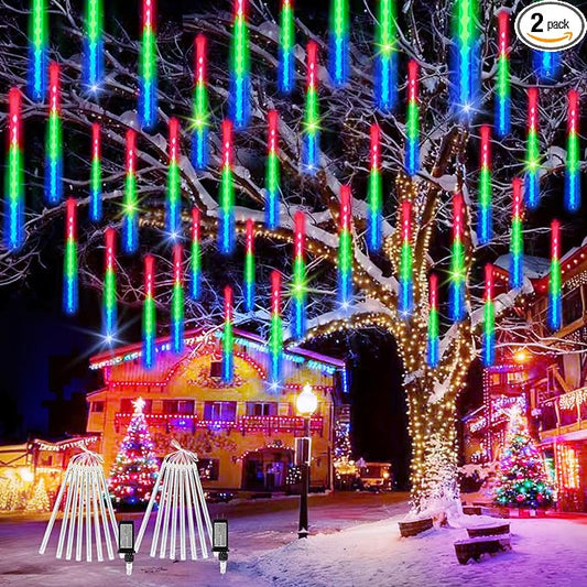 2-Pack Extendable Meteor Shower Christmas Lights Outdoor, 16 Tubes 384 LEDs Waterproof Falling Rain String Light, Christmas String Lights Outdoor for Tree Garden Patio Holiday Decorations (Multicolor)
