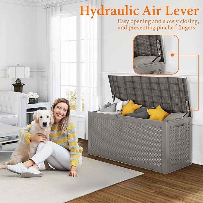 100 Gallon Resin Deck Box, Lockable Patio Outdoor Storage Box for Furniture, Garden Tools and Tools Storage, Waterproof Outside Storage Boxes - Grey