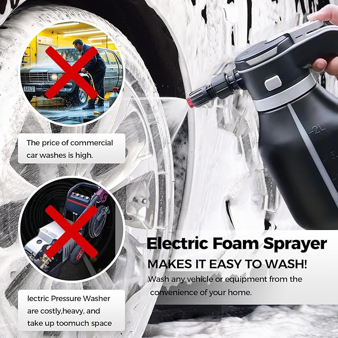 VSSOC Electric Foam Sprayer,2L Portable Rechargeable Cordless Pressurized Spray Foam Cannon, Easy Clean & Acid Resistant for Car Wash Detailing Garden Black