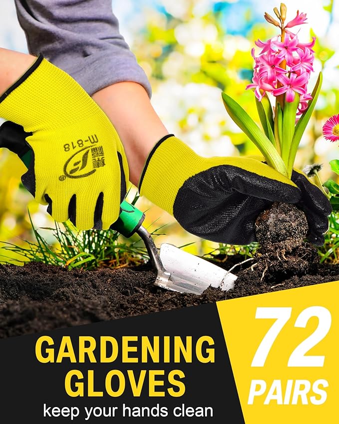 72 Pairs Gardening Work Gloves Bulk for Men Women, Rubber Coated Garden Multipack Safety Construction Glove