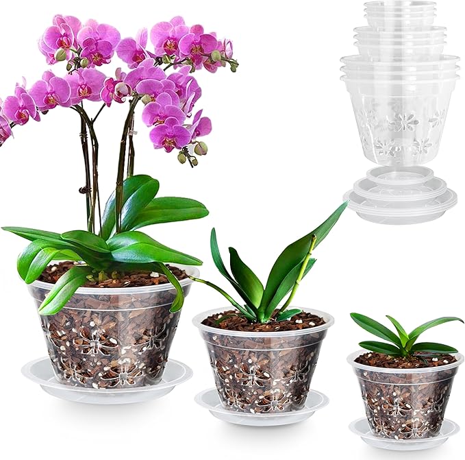 Orchid Pot 9 Pack | 3 of Each 4,5,6Inch,Orchid Pots with Holes & Saucers - Clear Plastic Pot for Repotting, Breathable Ventilation Planters for Phalaenopsis, Dendrobium & Oncidium Orchids