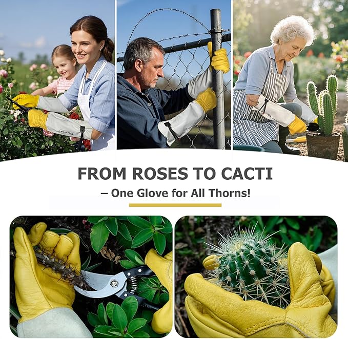 Gardening Gloves Thorn Proof for Rose Pruning & Cactus Trimming, Long Leather Garden Gloves for Women & Men (XL)