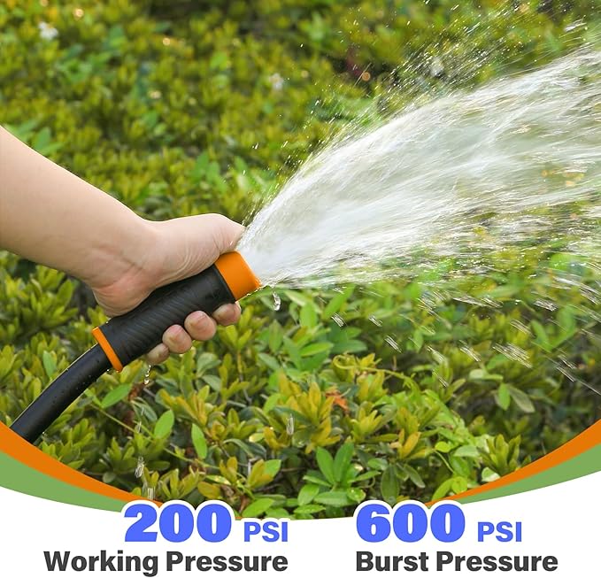 FLATO Garden Hose 5/8" x 100FT, Light Weight and Flexible, All Weather Use, Hybrid Polymer Water Hose with Brass Fittings, for Yard, Outdoor, Lawn (Black, Orange stripes)