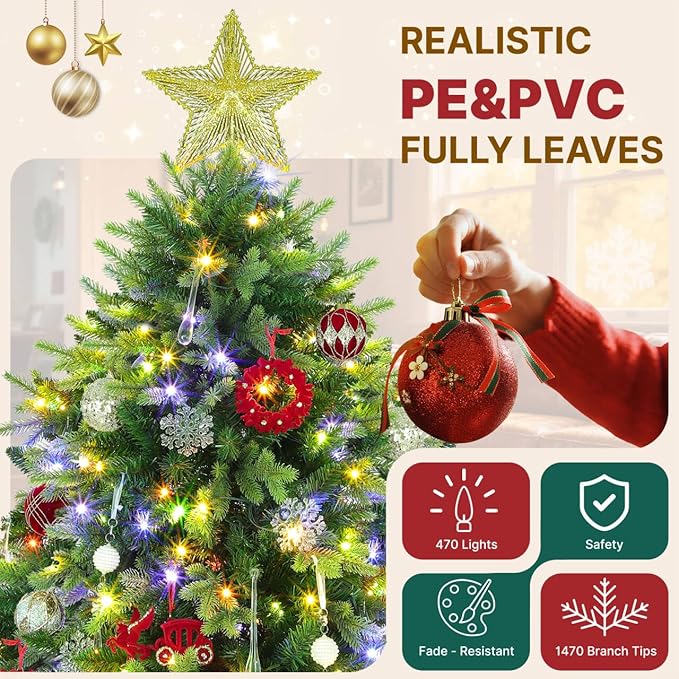7.5ft Prelit Rotating Artificial Christmas Tree with Remote Timer & Dimmer, 470 Multi-Color LED Lights 1470 PE & PVC Branches for Holiday Decor