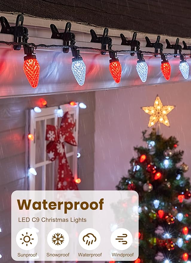 C9 LED Christmas Lights Outdoor, 68 Feet 100 LED Strawberry String Lights With 100 Spring Clamps, Waterproof Commercial Grade Extendable for Outside Roofline Patio Home Xmas Decoration, Red & White