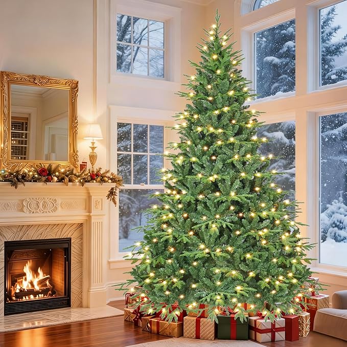 7.5ft Prelit Artificial Christmas Tree with 3348 PE PVC Tips, Premium Pre-Lit Holiday Xmas Tree with 400 UL Incandescent Lights, Metal Hinges & Foldable Base for Home Office Party, Green