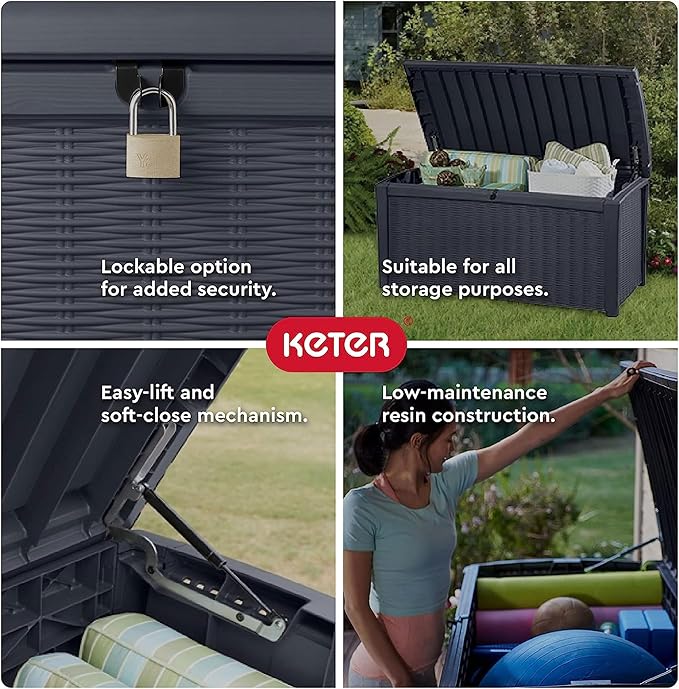 Keter Borneo 110 Gallon Storage Box, All-Weather Wicker Rattan-Style Resin Deck Box and Stylish Outdoor Bench with Piston-Assisted Lockable Lid, Grey