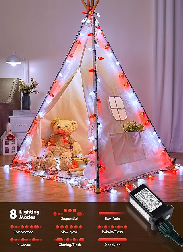 Brightown C9 Christmas Lights Outdoor, 114FT 150 LED Red and Pure White String Lights with Timer, 8 Modes, UL Listed Waterproof Connectable Christmas Tree Lights for House, Roof, Garden, Patio Decor