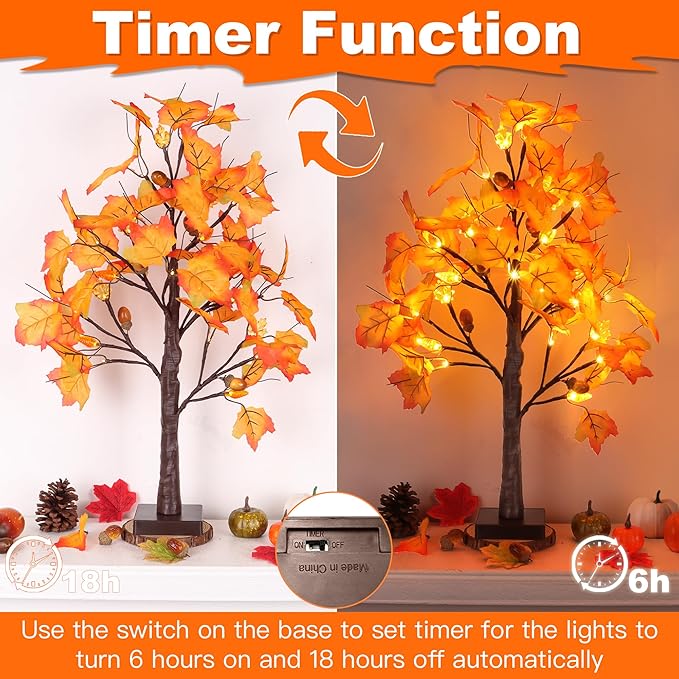 2 Packs 24 Inch Lighted Maple Tree Fall Thanksgiving Decorations with 48 LEDs Timer Battery Operated 3D Acorn Maple Lampshade Artificial Autumn Tree Lights for Thanksgiving Table Decor Home Indoor