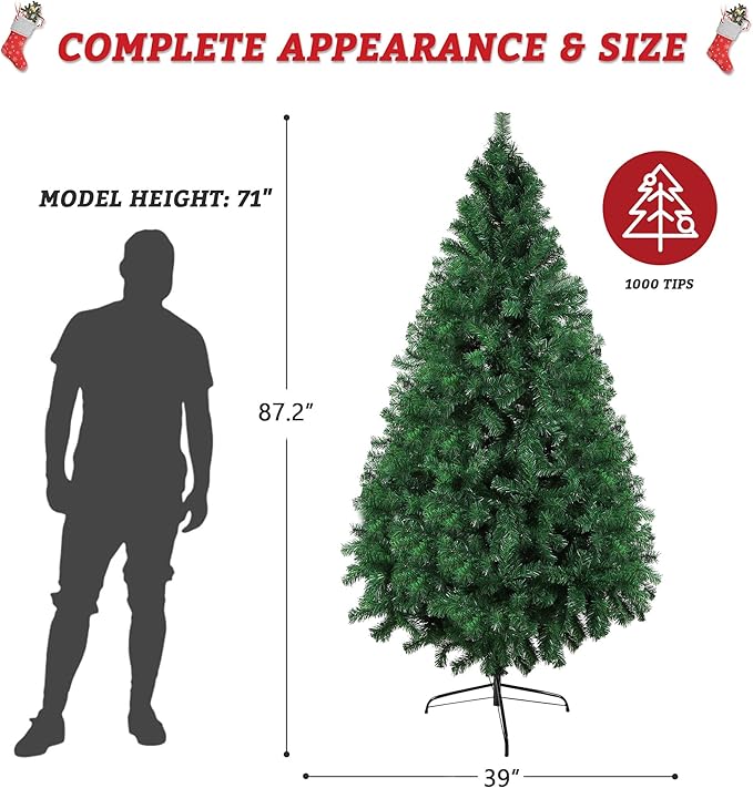 7ft Artificial PVC Christmas Tree with 1000 Tips & Metal Stand Gorgeous Faux-Pine Xmas Tree Seasonal Holiday Decoration for Home,Office and Party