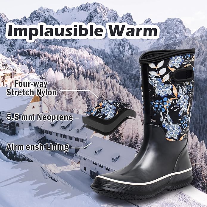 WTW Mid Calf Rain Boots for Women - Waterproof Insulated Neoprene Mud Boots Outdoor Hunting Garden Boots