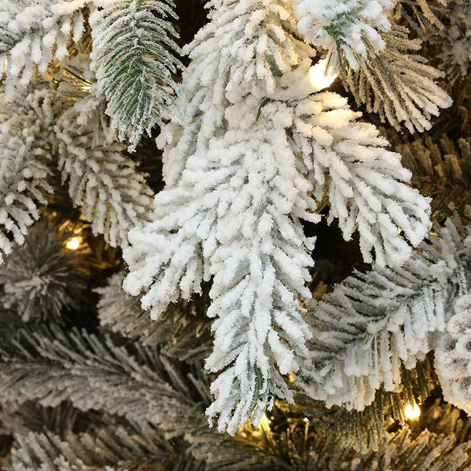 LuxenHome 6FT Christmas Tree with Lights, Full Flocked Artificial Christmas Tree with Pine Cone, 280 LED Lights, and Snow Flocked Branches, Prelit Pine Tree for Indoor, Outdoor Holiday Décor