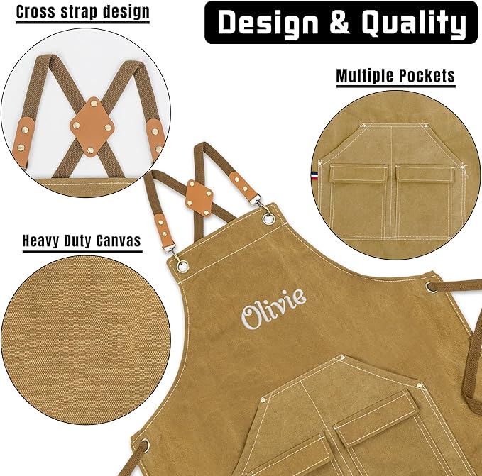 Personalized Chef Aprons for Men Women Canvas Cross Back Heavy Duty Work Apron for Coffee Shop Bartender Bistro Woodworking