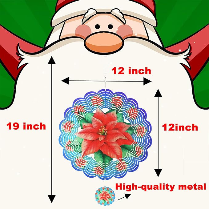 Wind Spinners Outdoor Christmas Poinsettia - Birthday Gifts for Women Mom Grandma, Hanging Wind Sculptures 12 inch 3D Wind Spinner for Garden Decor for Outside, Garden, Patio, Yard, Outdoor（Red