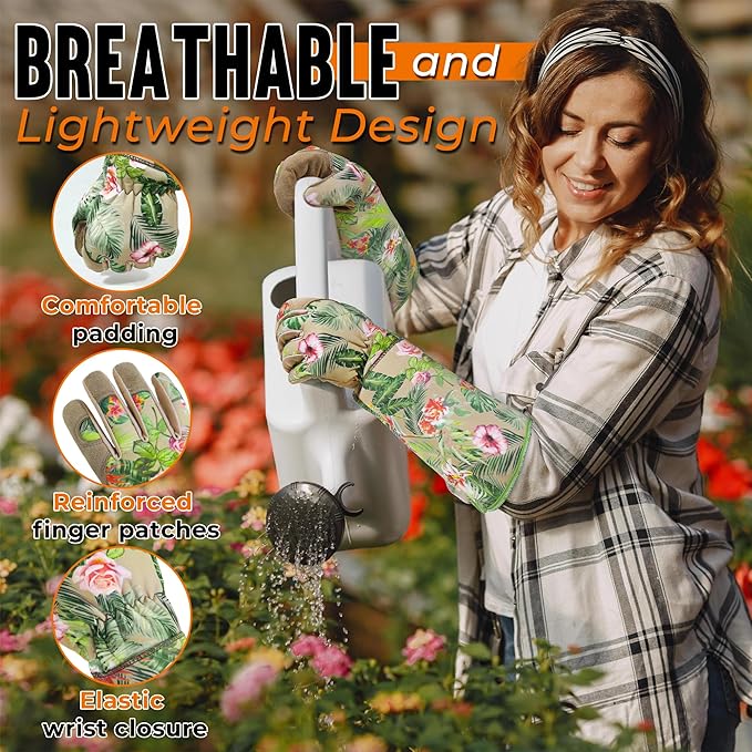 HANDLANDY Leather Gardening Gloves for Women, Scratch Resistant Breathable Ladies Rose Pruning Garden Gauntlet Yard Gloves, Gift for Gardeners (Khaki, L)