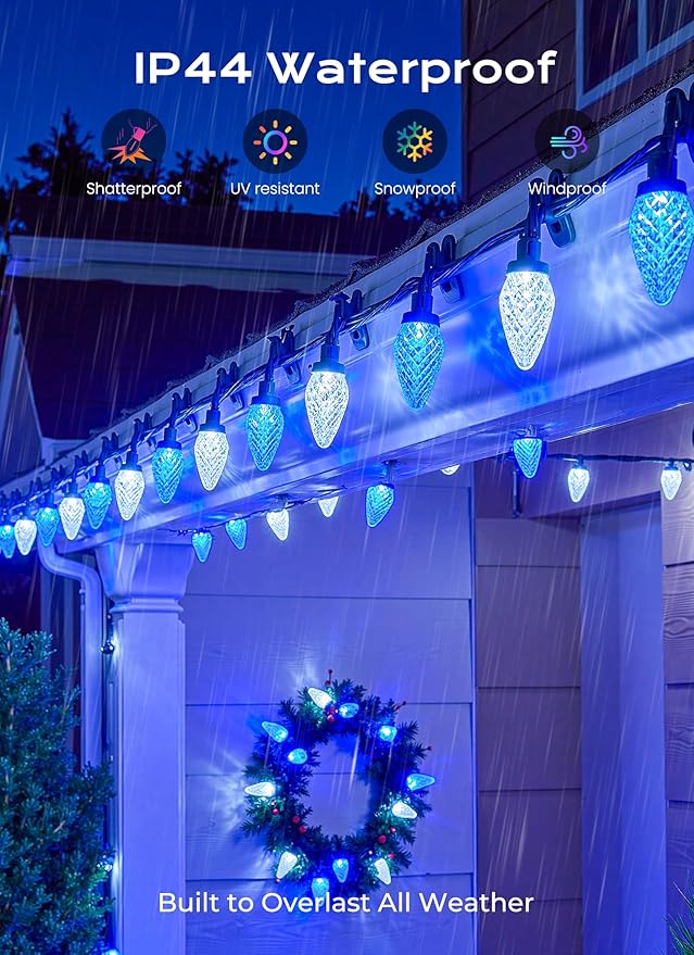 C9 Christmas Outdoor Lights, 72 FT 110 LED C9 String Lights, 8 Modes & Timer Extendable Waterproof for Christmas Tree Indoor Outdoor Roofline Patio Outside Backyard Holiday Xmas Decor, Blue White