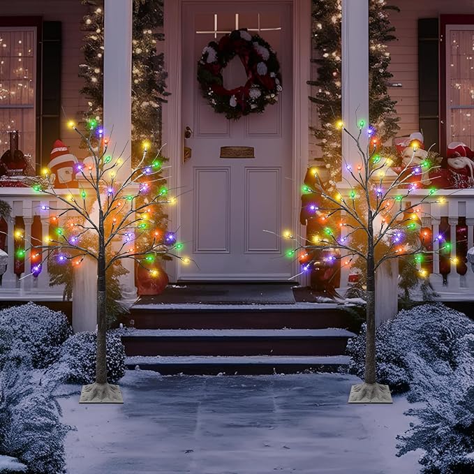 2 Pack 4 FT Birch Tree with 96 LED Multicolor Lights, Artificial Lighted Birch Tree Snowy Light Up Birch Twig Christmas Tree for Party Home Mantel Porch Yard Indoor Outdoor Decor