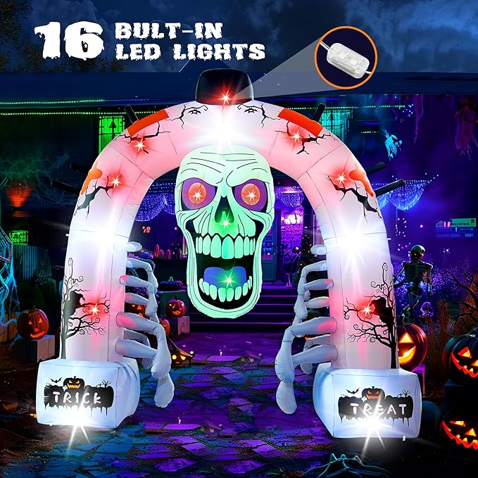 12 FT Halloween Inflatables, Scary Skeleton Archway Halloween Inflatable Outdoor Decoration, Build-in LEDs Spooky Blow Up Yard Halloween Arch for Decor Outside Holiday Party Garden Lawn