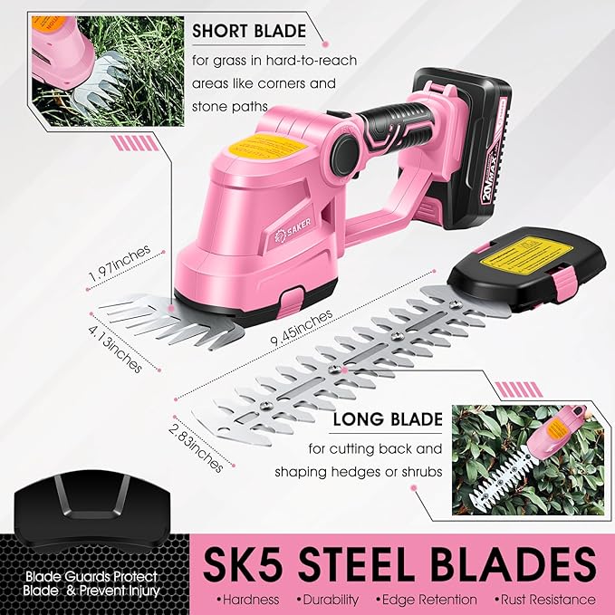 Saker Cordless Hedge Trimmer-20V Electric Shrub Trimmer Grass Shears Handheld Grass Cutter, Hedge Shear with 1 PCS Rechargeable Battery and Charger for Garden, Lawn(Pink)