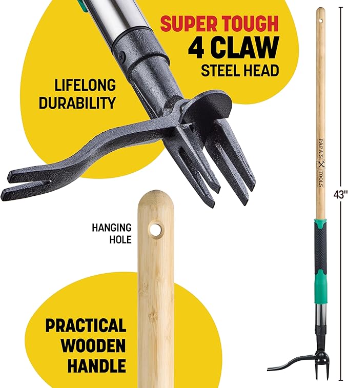 Papa's Tools Weed Puller Tool, 44" Stand Up Weeder Garden Tools & 4 Claw Steel Head, Dual Weed Eject Tech. Made with Real Bamboo & Long Wooden Handle, Yard Weeding Remover for Gardening Men & Women